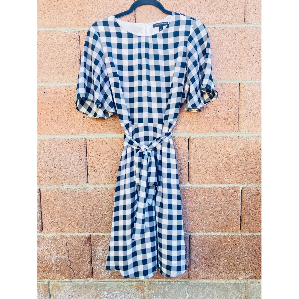 Banana Republic Women Dress 6 Black White Gingham Flutter Sleeve Tie Waist